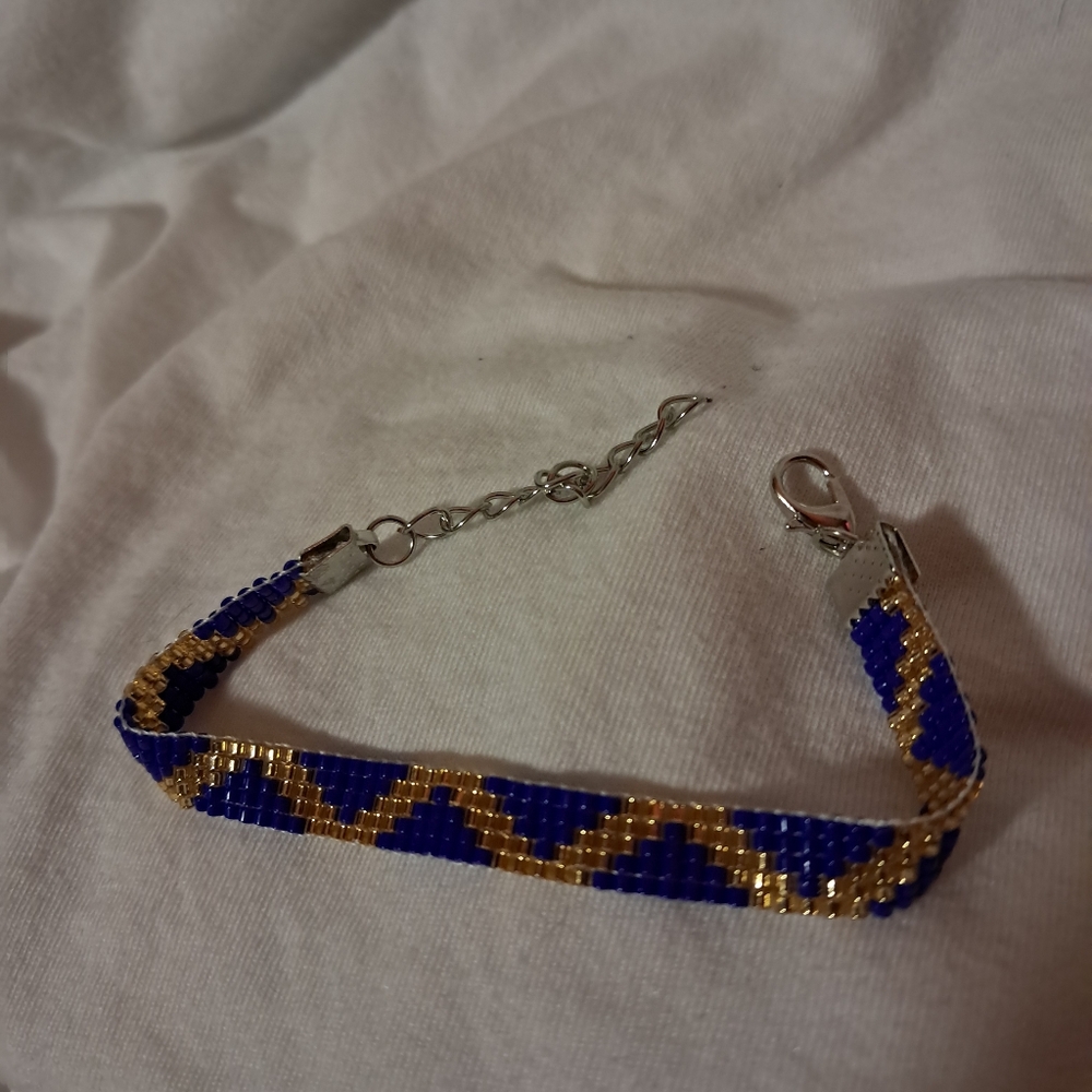 Handmade Regal Oasis Zigzag Bracelet, Miyuki Glass Seed Beads, Gold, Cobalt Blue